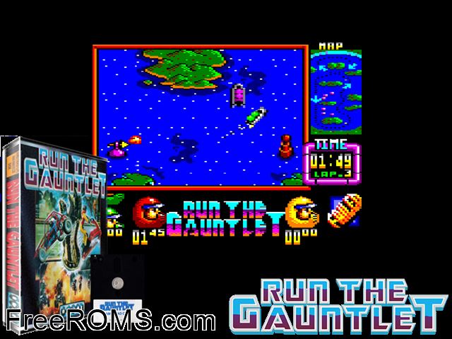Run the Gauntlet (UK) (1988) (CPM Version) [a1] Amstrad CPC game showing 3D box cover and gameplay screenshot